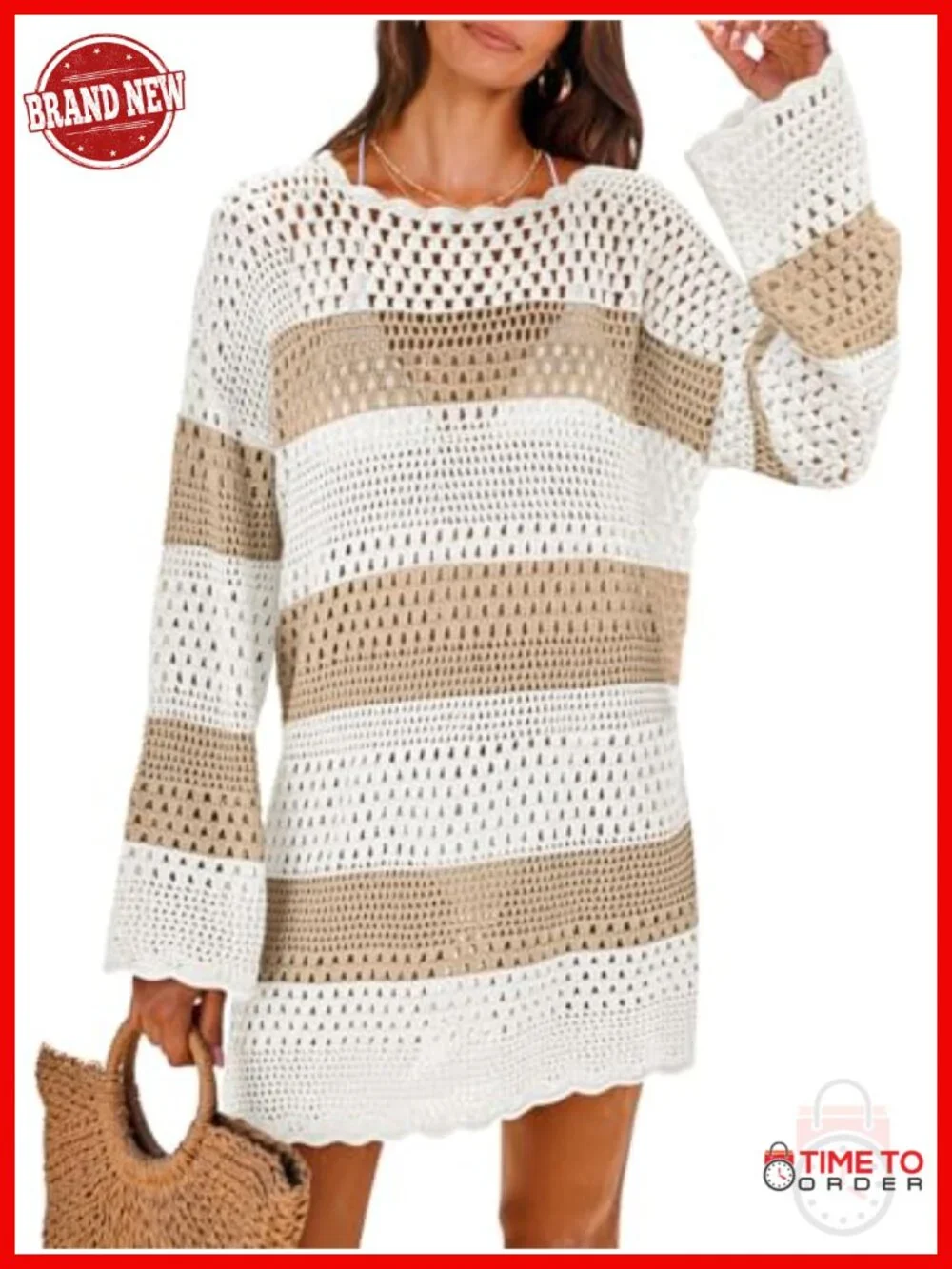 Crochet Knit Cover Up Dress Long Sleeve Beach Swimwear Mesh Hollow Out